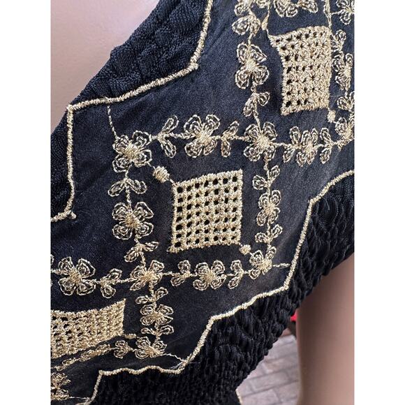 Vintage 1980's one shoulder Midi Formal Prom Dress Embroidered Gold Black Small - Picture 8 of 16